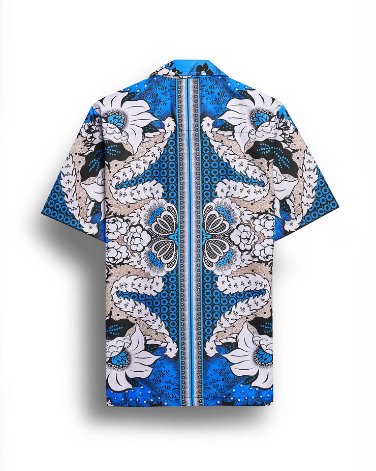 Blue bandana floral printed camp collar shirt for men