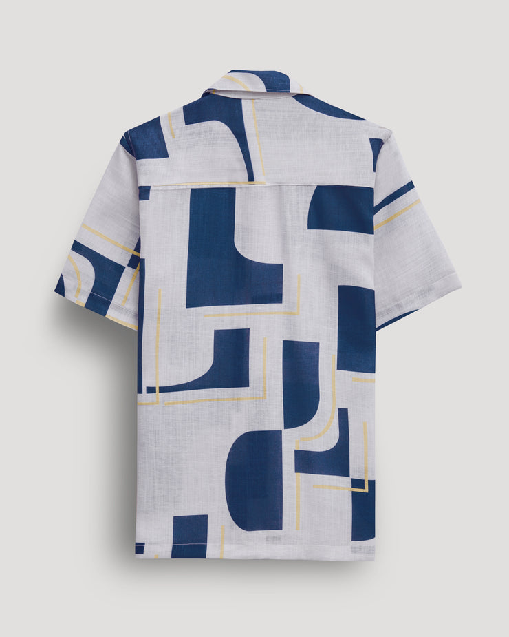 White abstract printed linen shirt for men