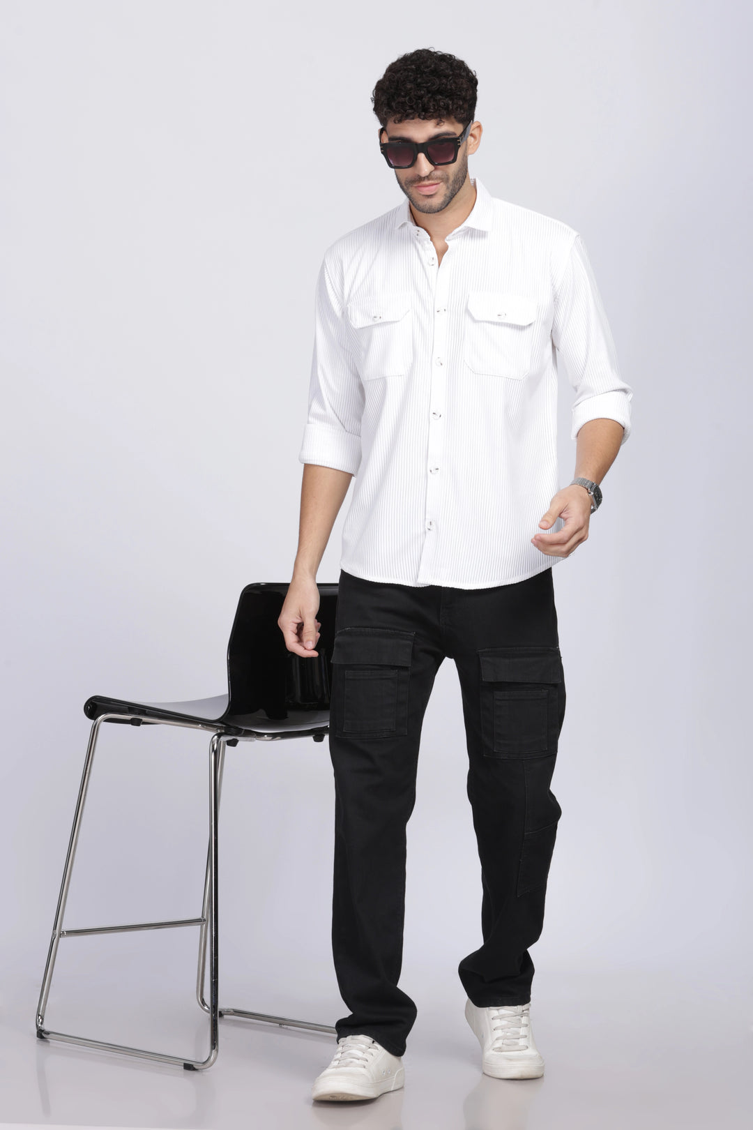 White double pocket full sleeve corduroy shirt