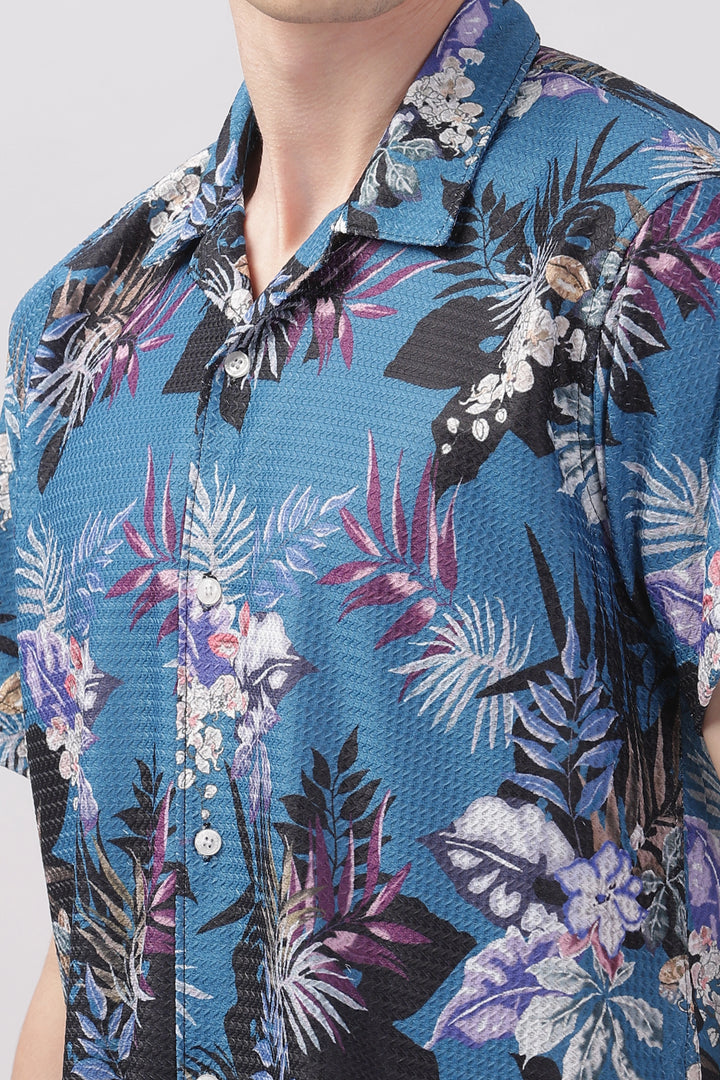 Blue orchid floral printed textured shirt