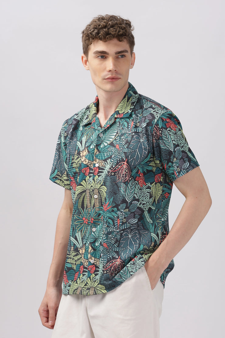 Green jungle printed textured shirt