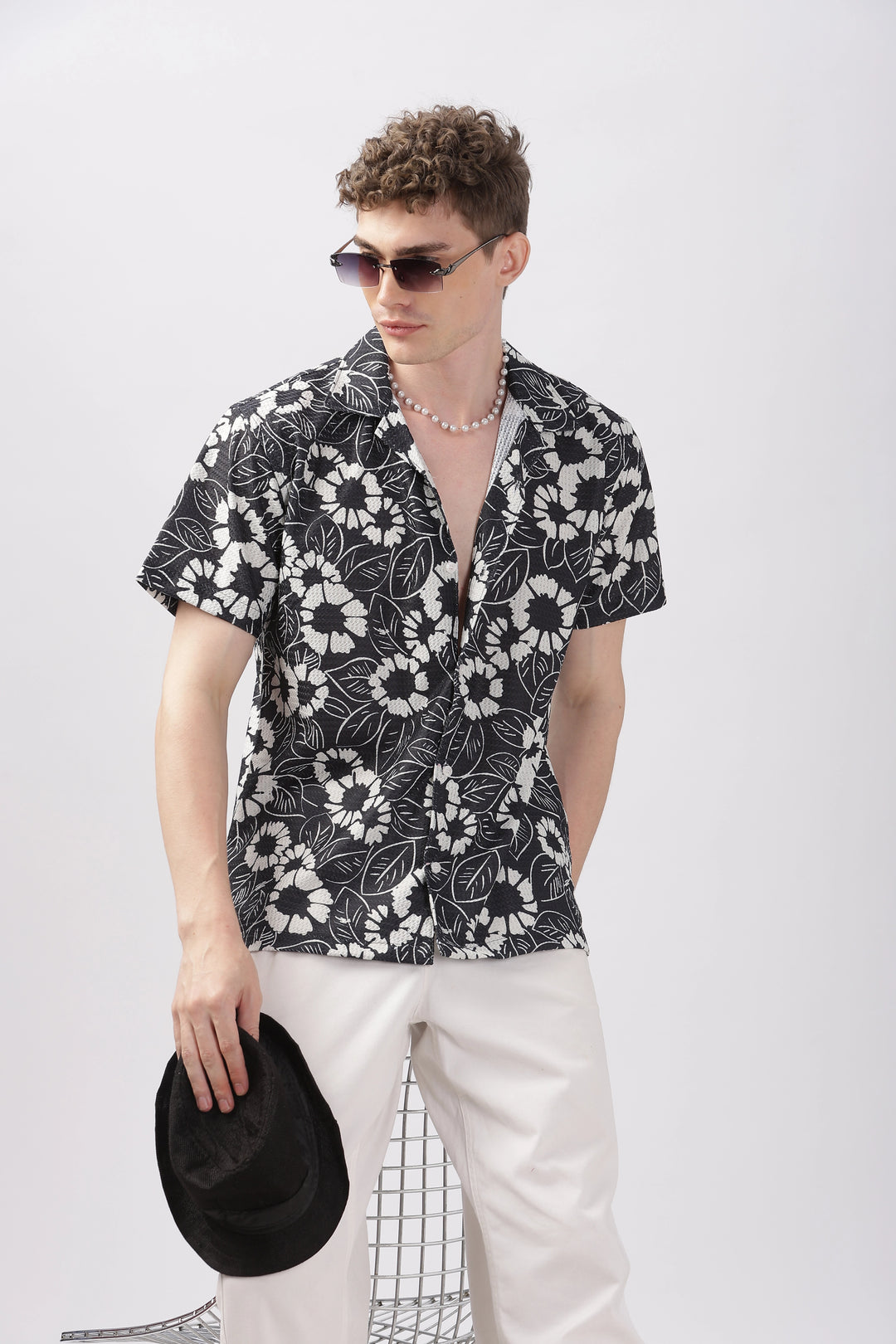 Black flower printed textured shirt