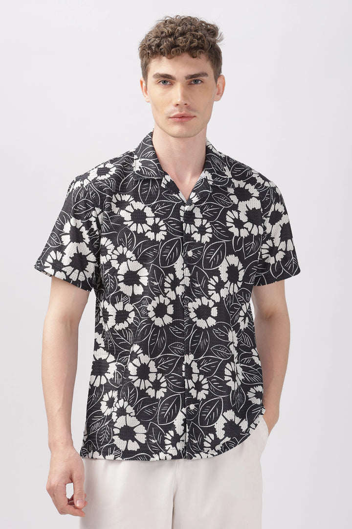 Black flower printed textured shirt