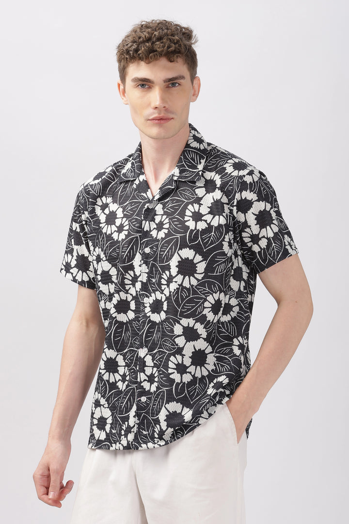 Black flower printed textured shirt