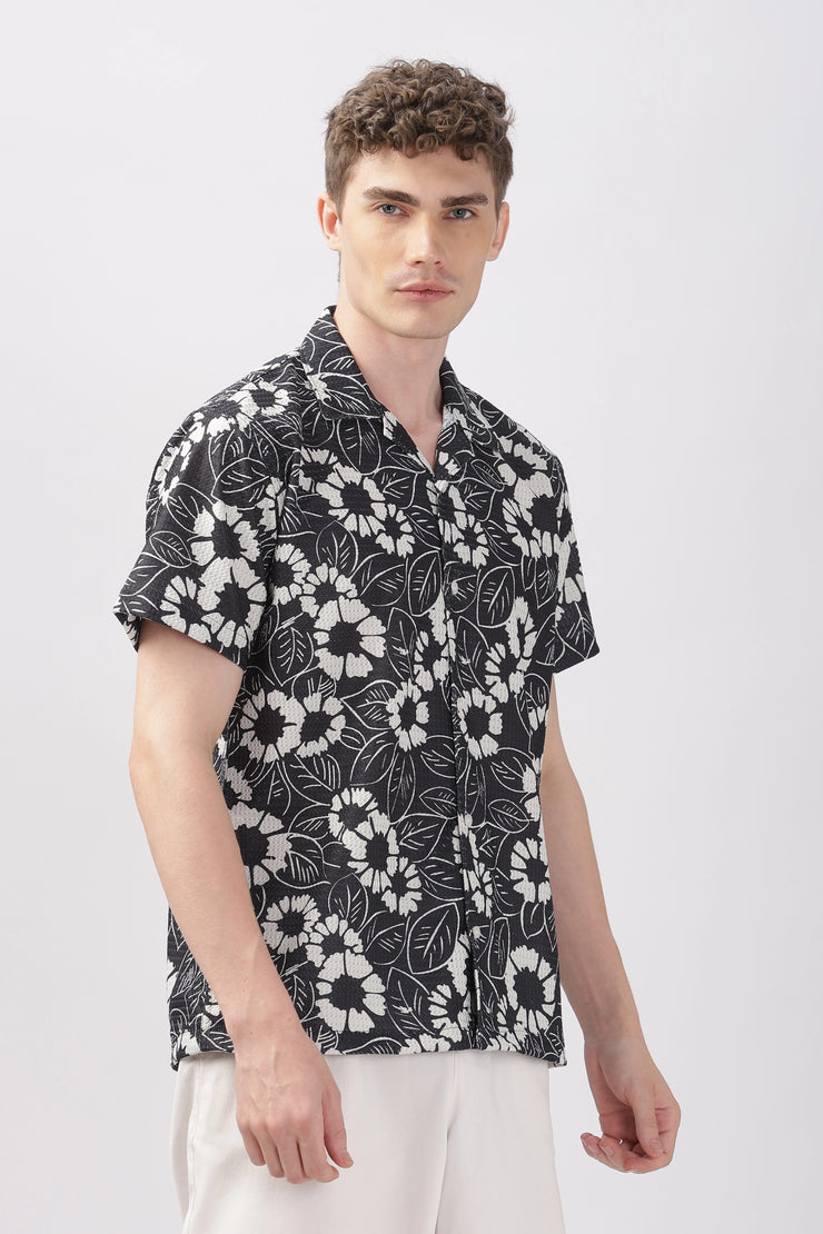 Black flower printed textured shirt