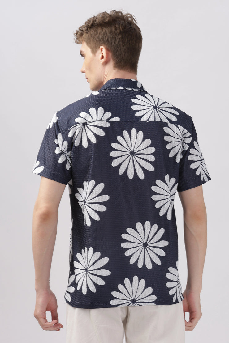 Navy floral printed textured shirt