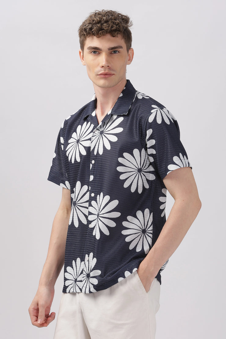 Navy floral printed textured shirt