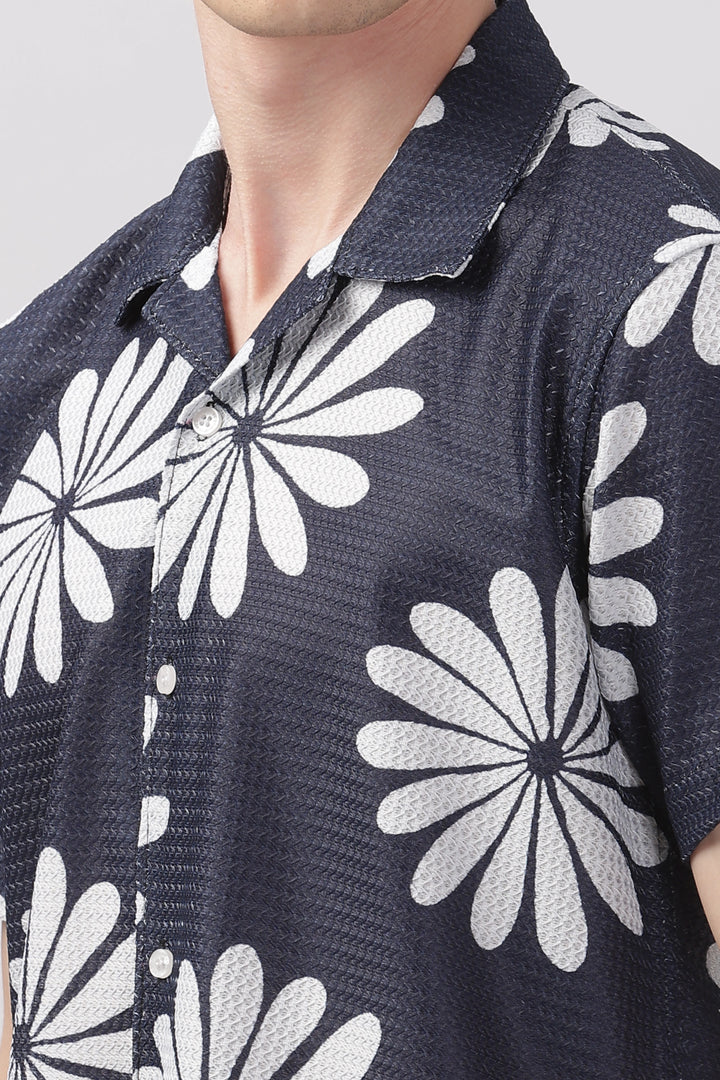 Navy floral printed textured shirt