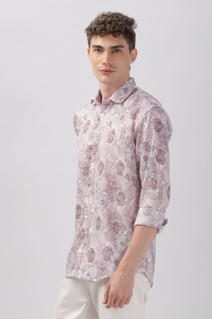 Purple flower printed full sleeve linen shirt