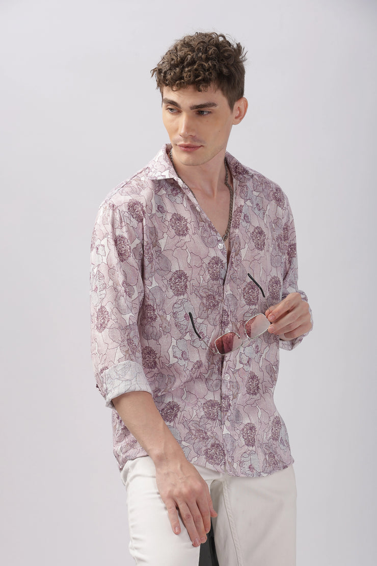 Purple flower printed full sleeve linen shirt