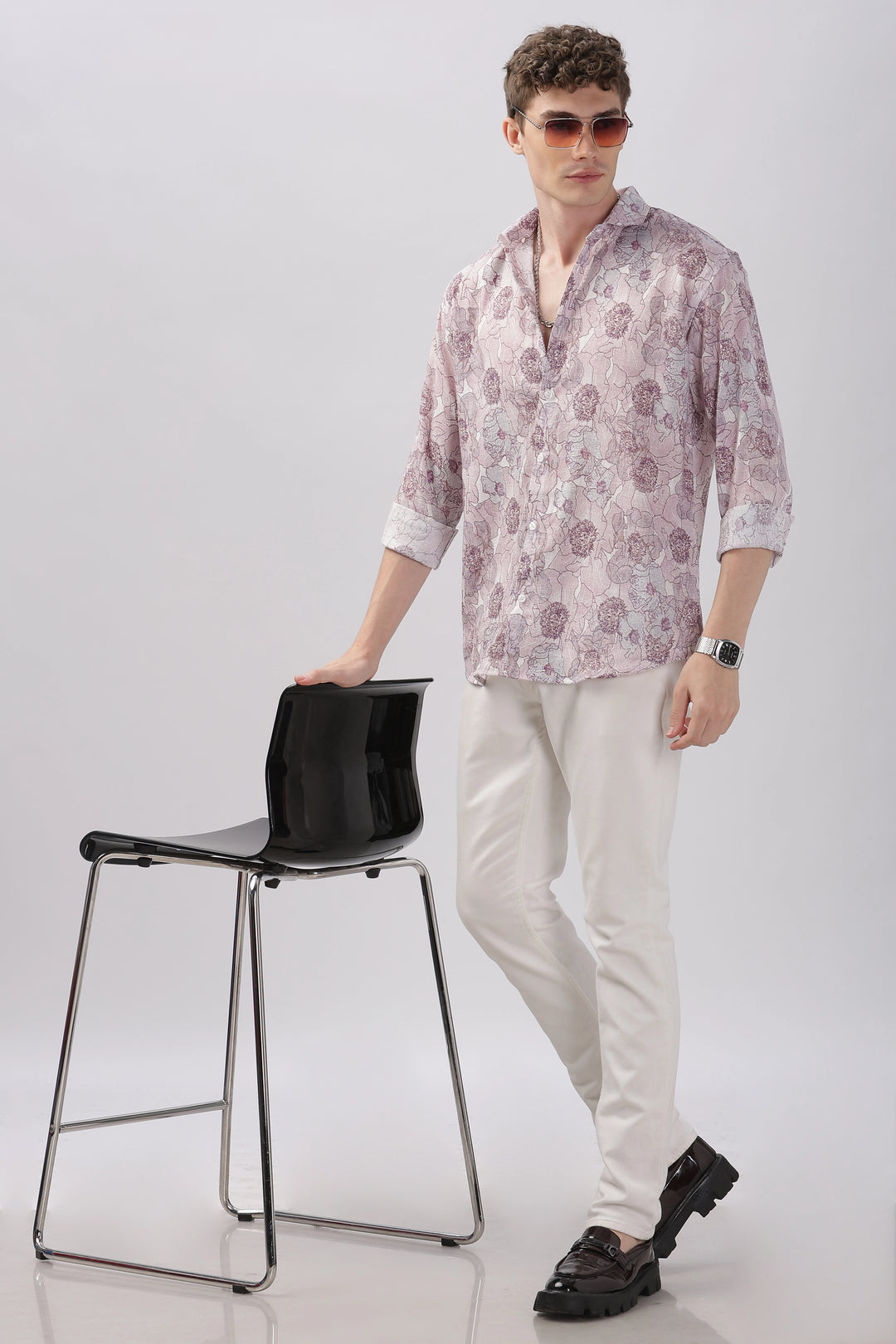 Purple flower printed full sleeve linen shirt