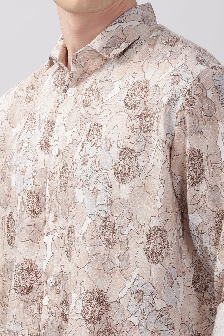 Orange flower printed full sleeve linen shirt