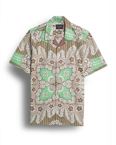 Brown bandana floral printed camp collar shirt for men