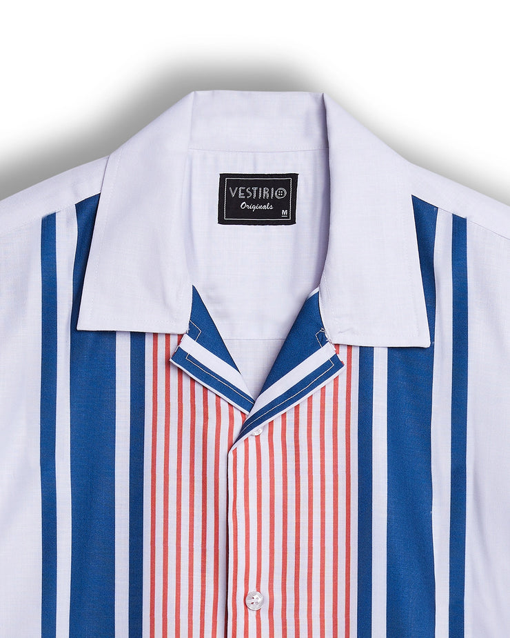 White boxy stripe print half sleeve shirt for men