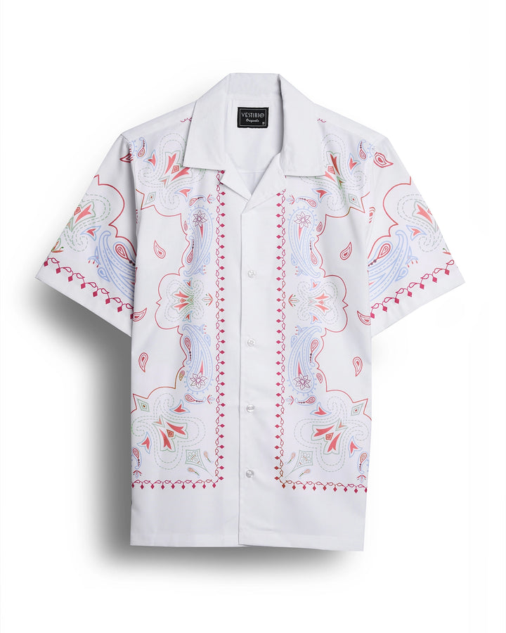 White paisley border printed camp collar shirt for men