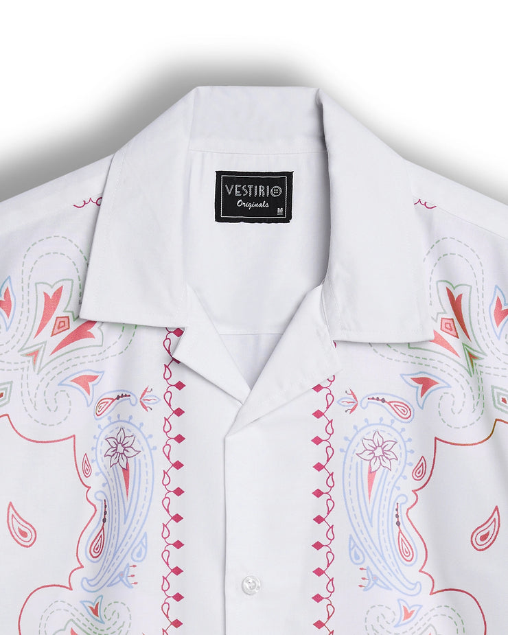 White paisley border printed camp collar shirt for men