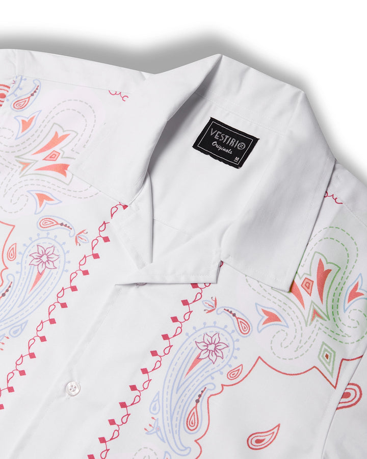 White paisley border printed camp collar shirt for men