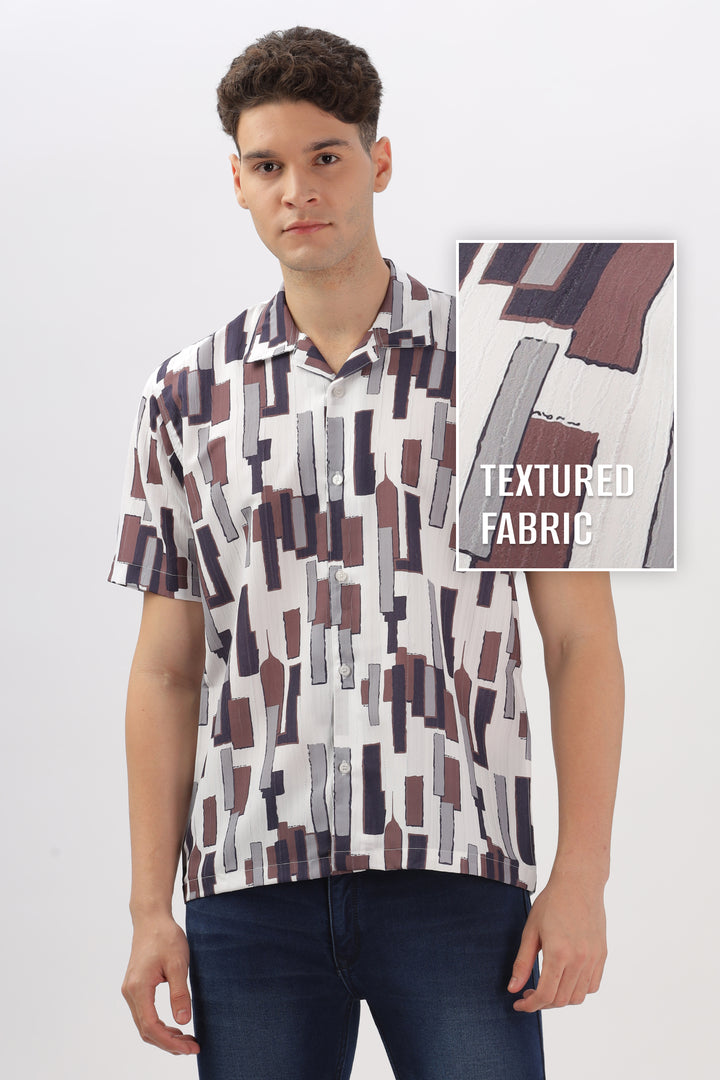 White and brown abstarct printed popcorn shirt