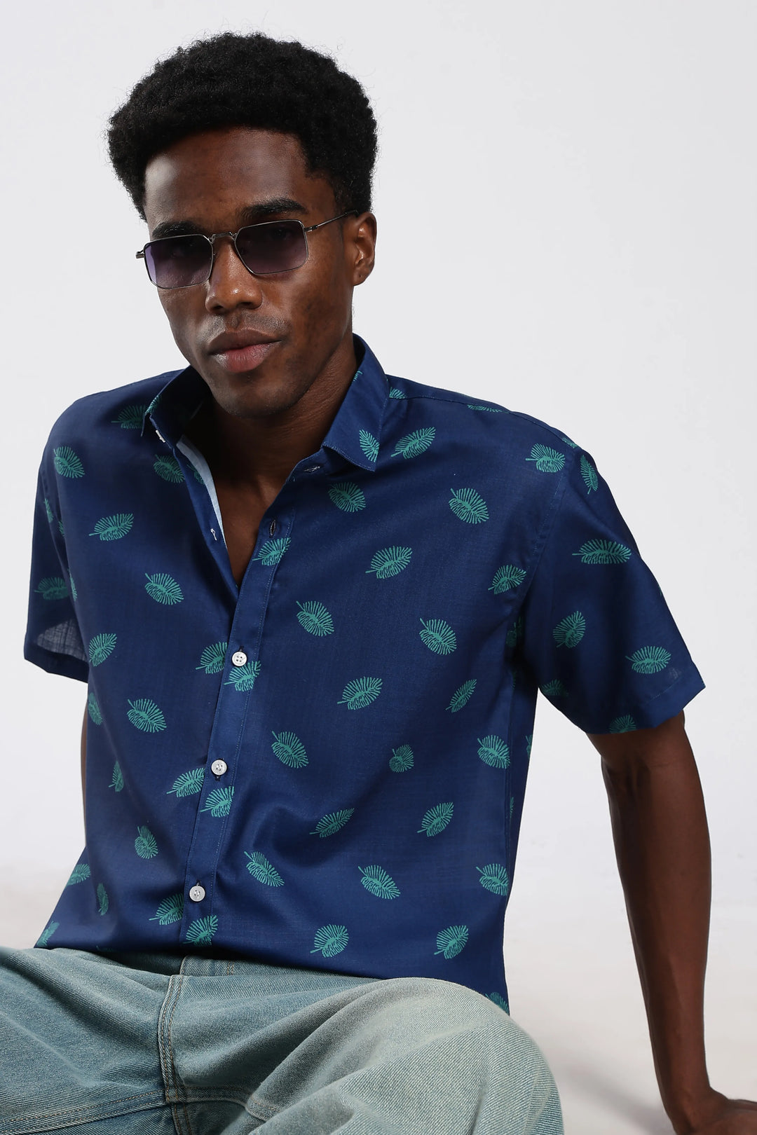 Blue leaf printed shirt