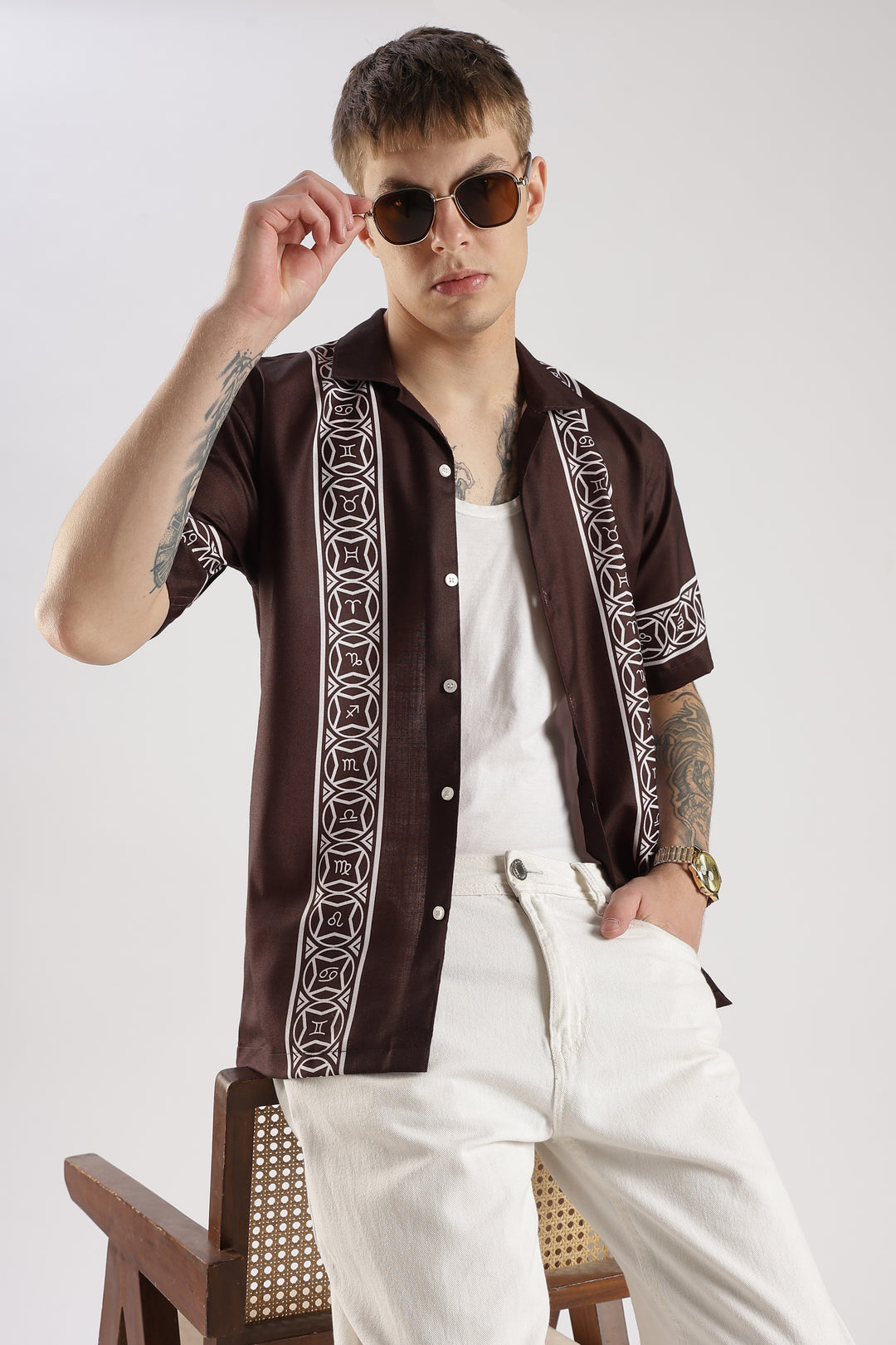 Brown panel printed shirt