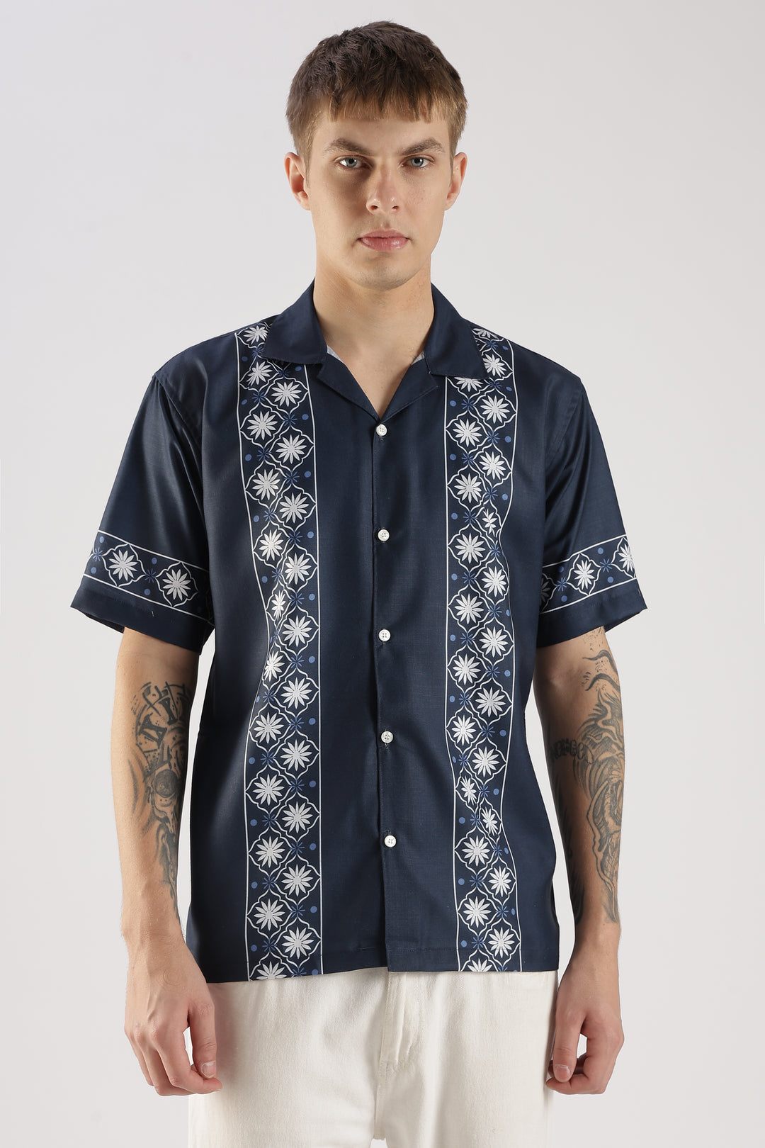 Navy panel printed shirt