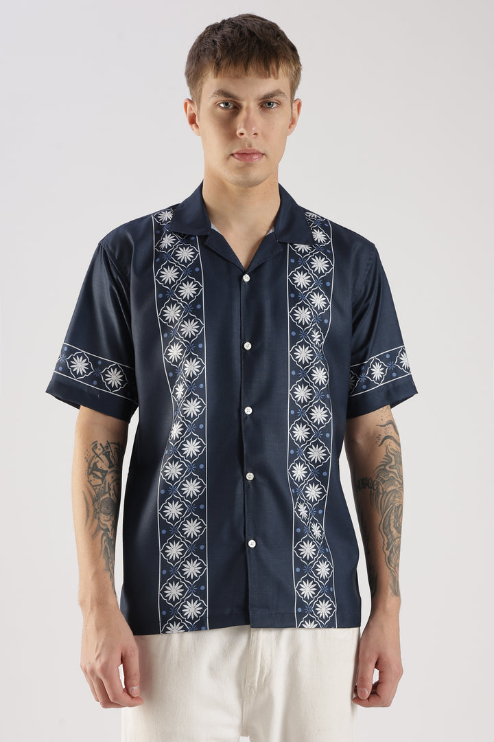 Navy panel printed shirt