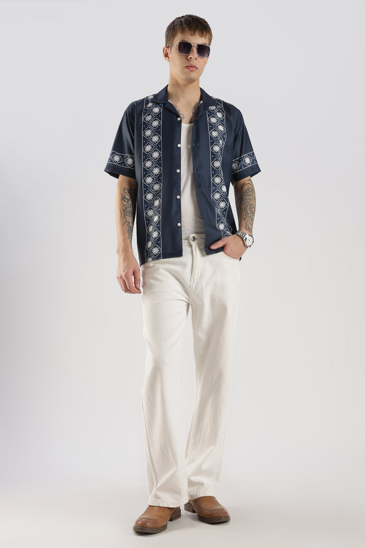Navy panel printed shirt