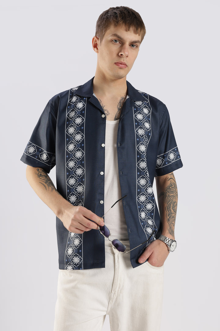 Navy panel printed shirt