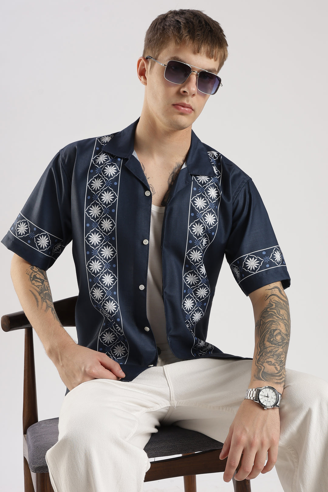 Navy panel printed shirt