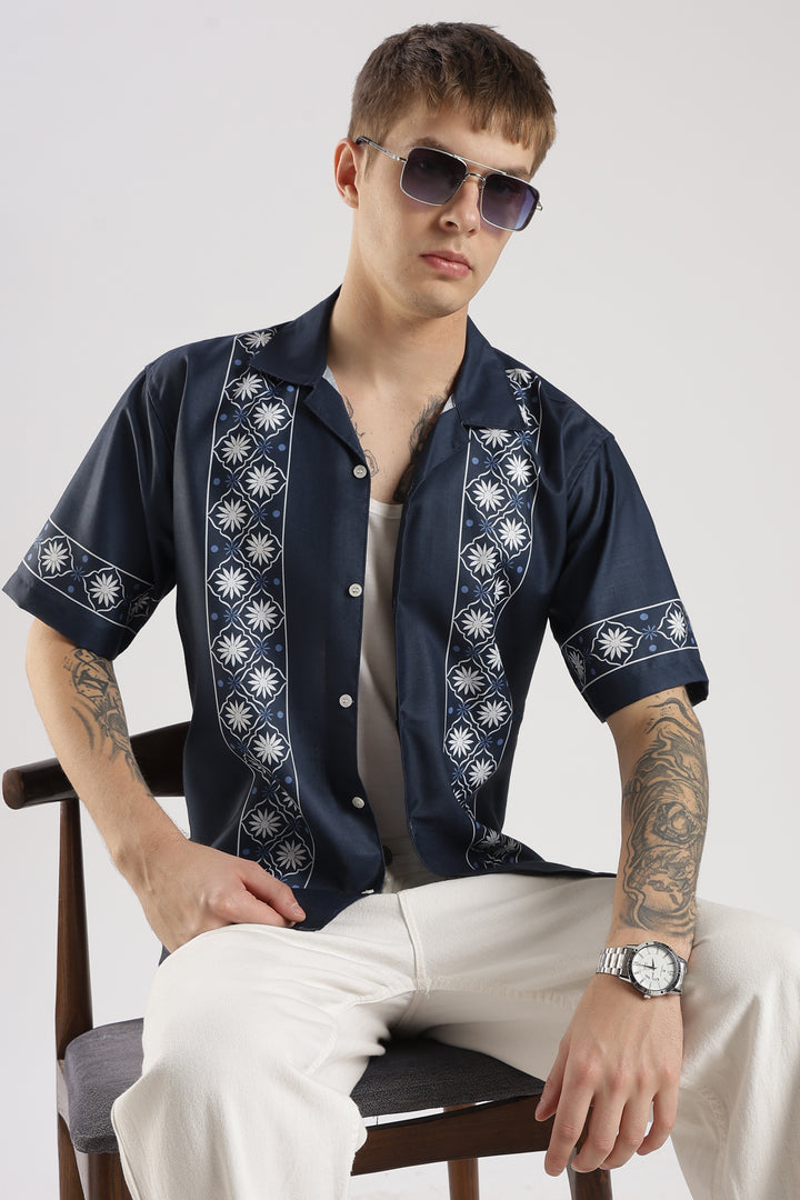Navy panel printed shirt