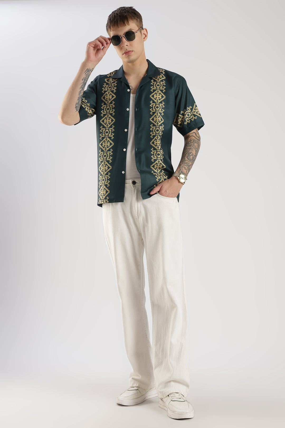 Green panel printed shirt