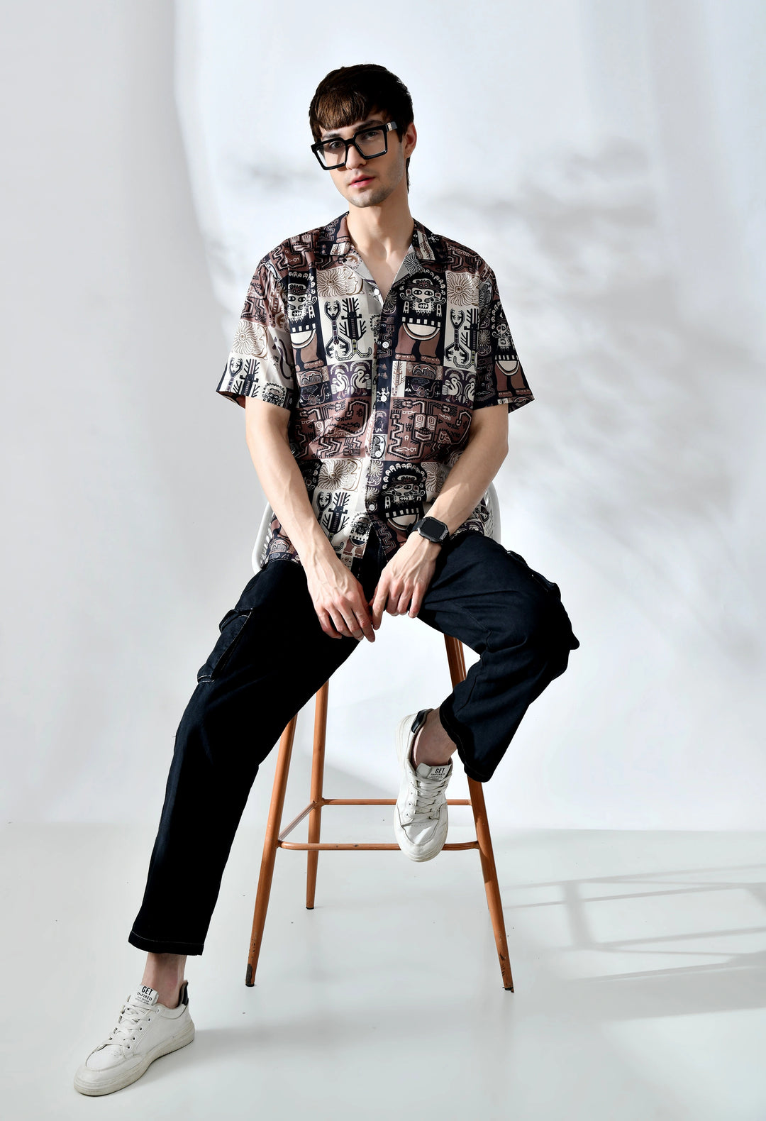 Brown african pattern printed half sleeve shirt