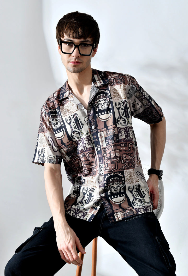Brown african pattern printed half sleeve shirt