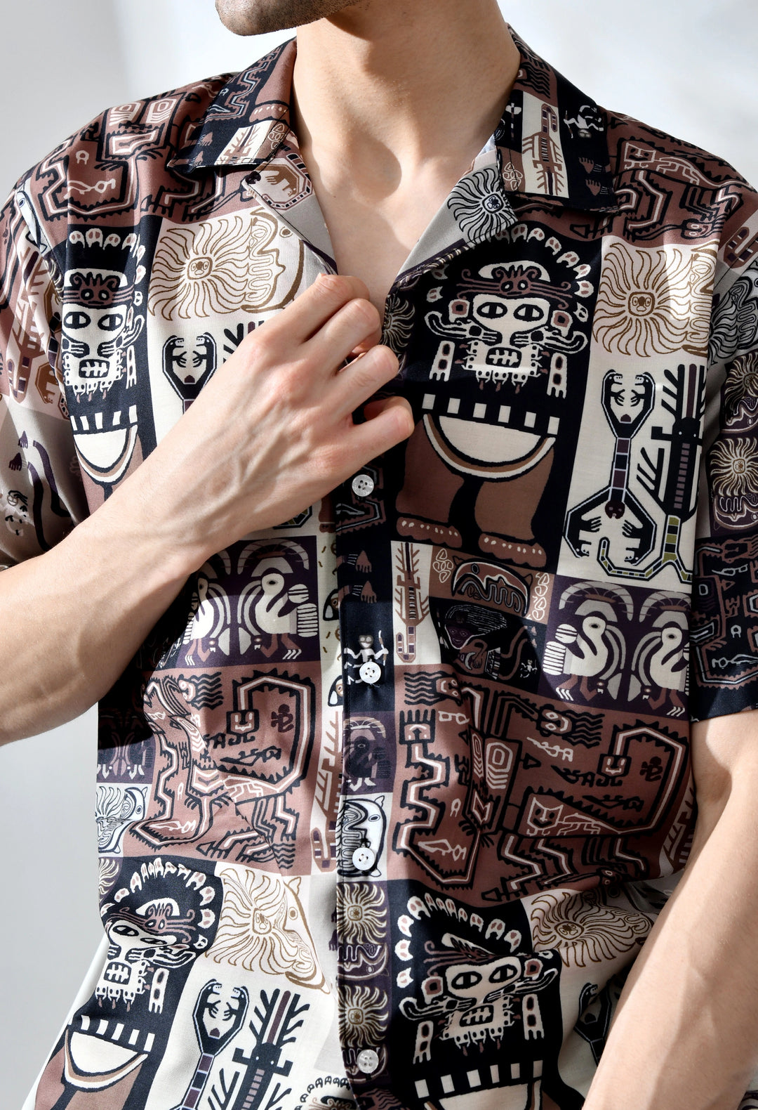 Brown african pattern printed half sleeve shirt