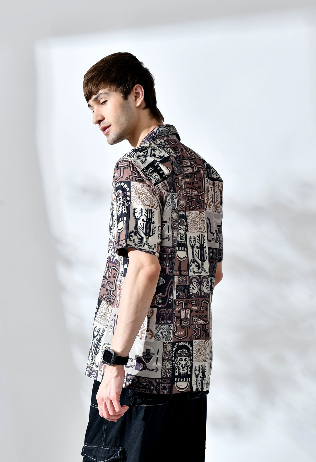 Brown african pattern printed half sleeve shirt