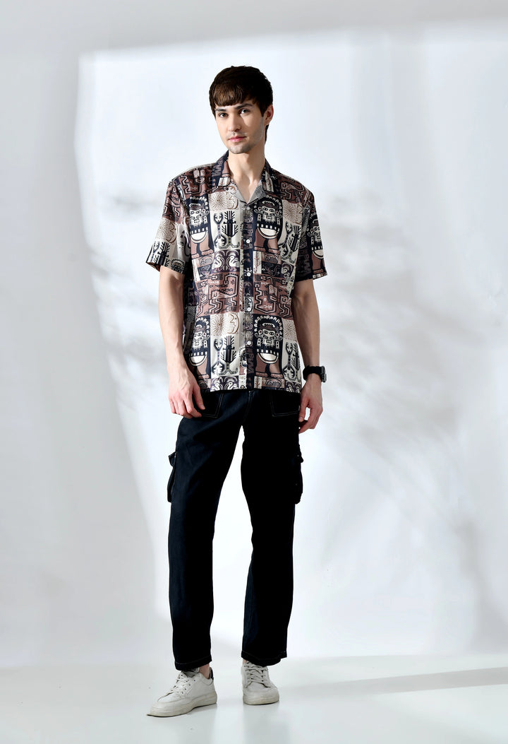 Brown african pattern printed half sleeve shirt
