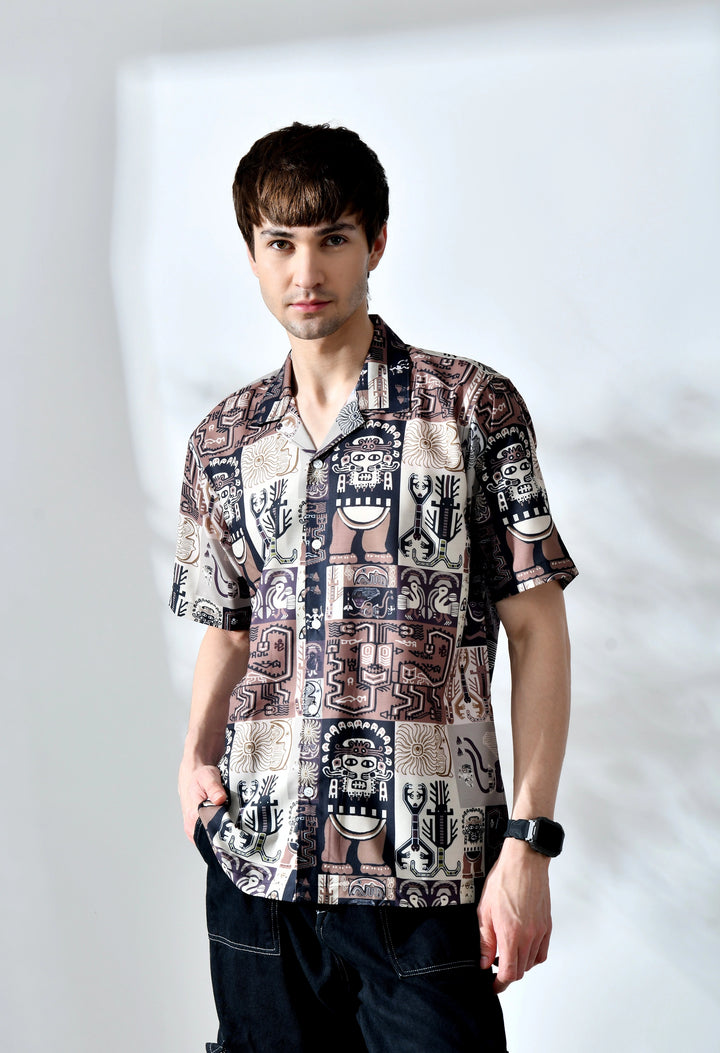 Brown african pattern printed half sleeve shirt