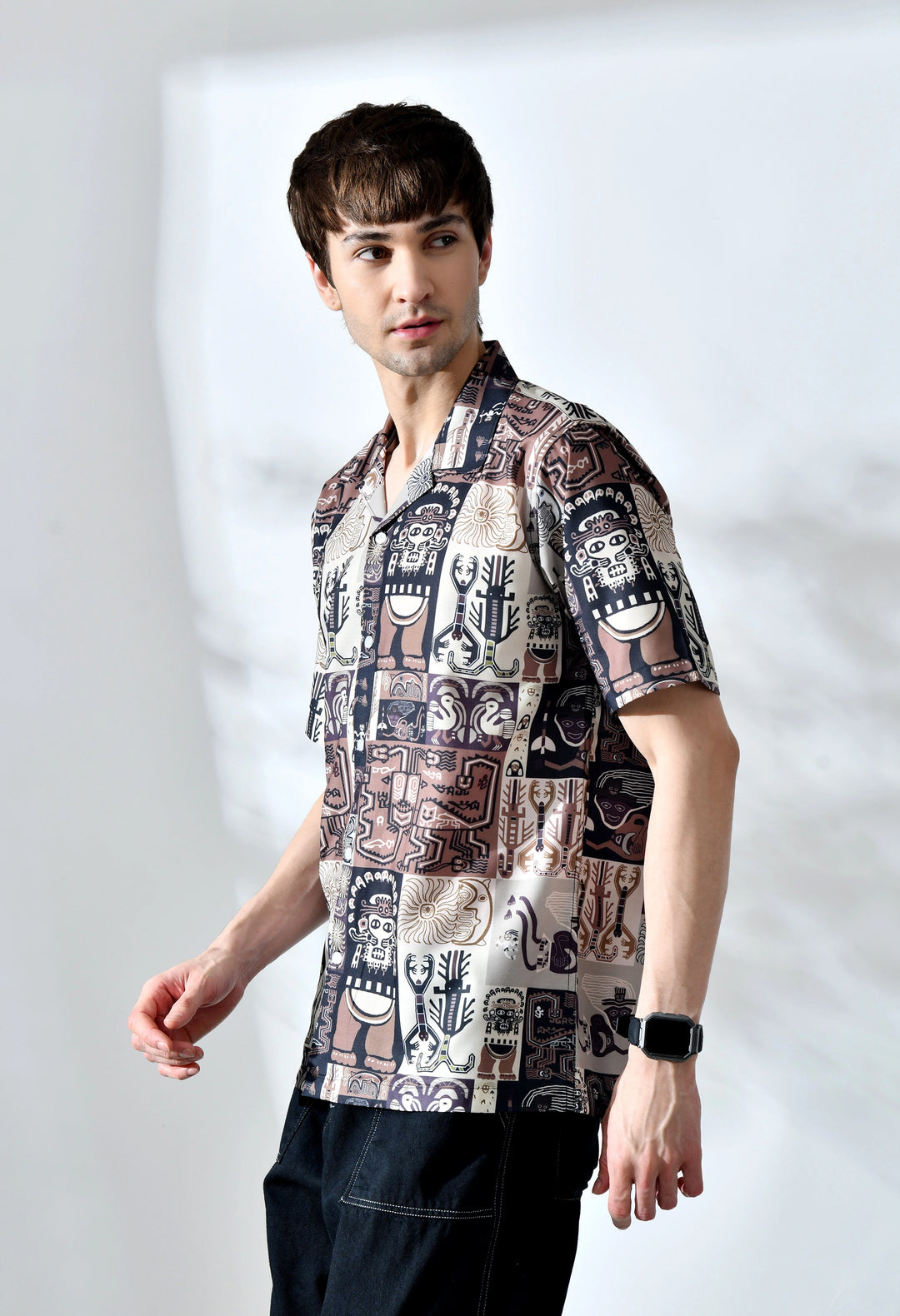 Brown african pattern printed half sleeve shirt