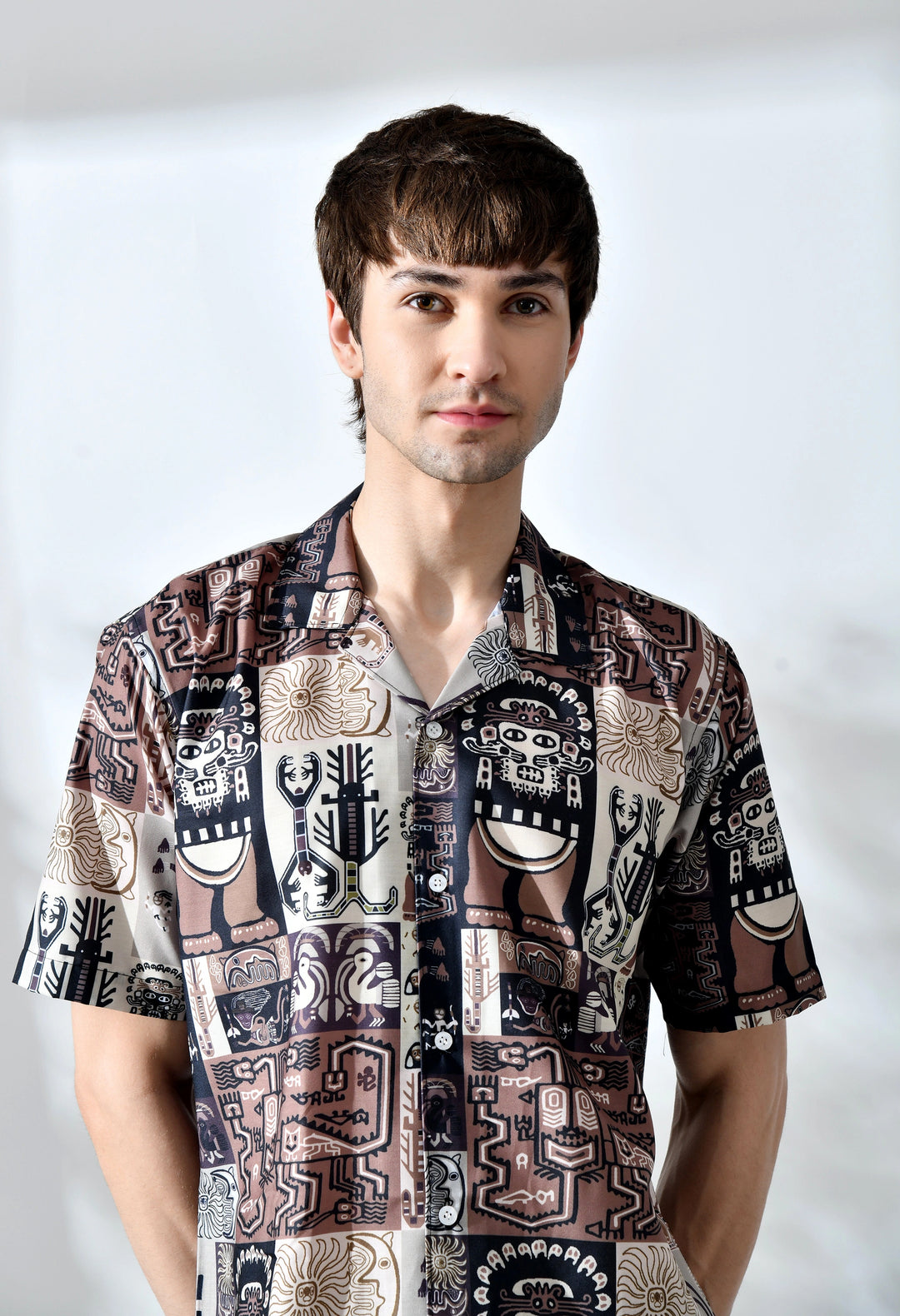 Brown african pattern printed half sleeve shirt