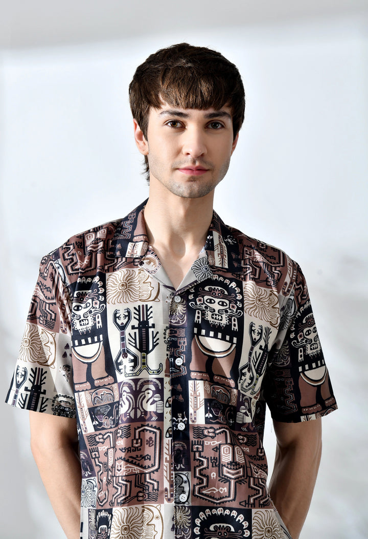 Brown african pattern printed half sleeve shirt