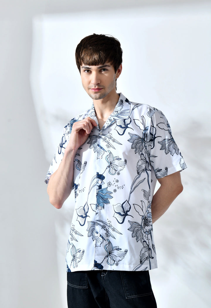 White flower printed half sleeve shirt