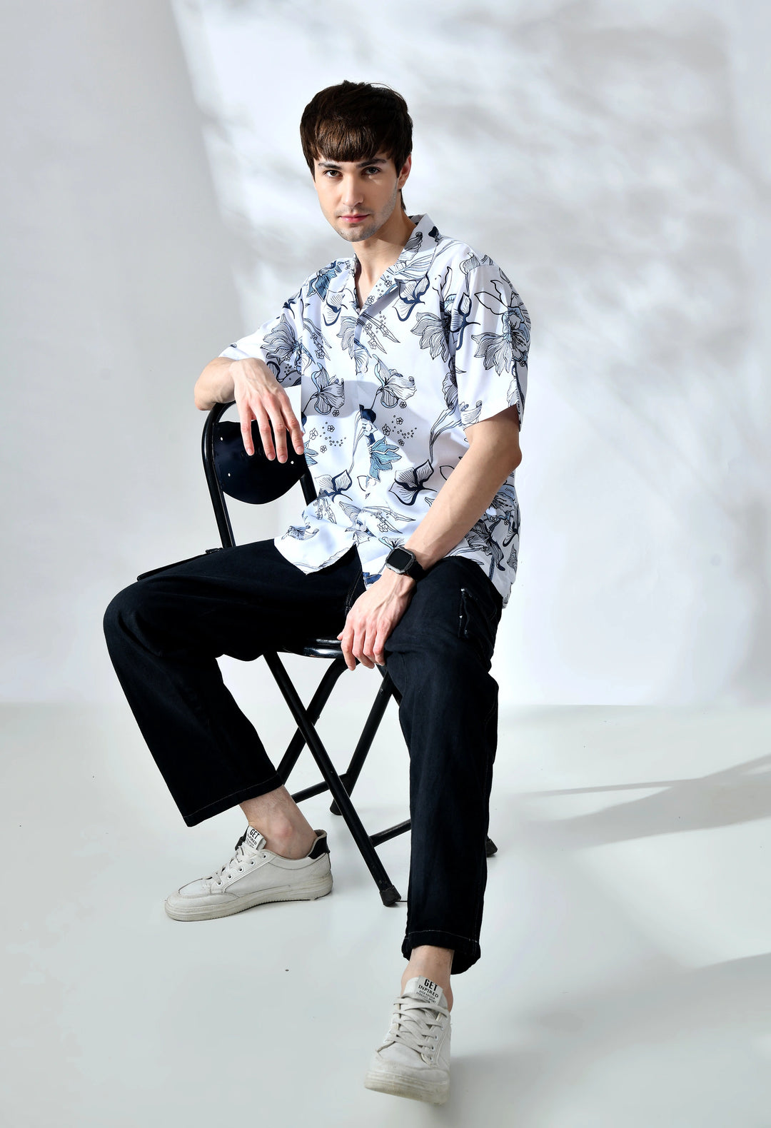 White flower printed half sleeve shirt