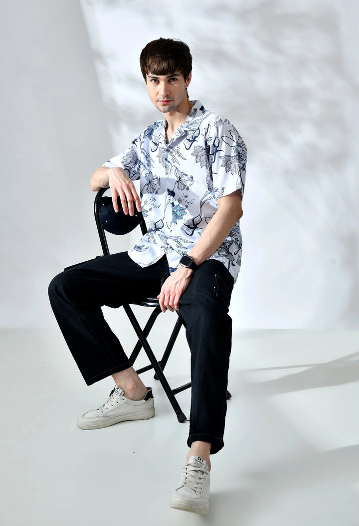 White flower printed half sleeve shirt