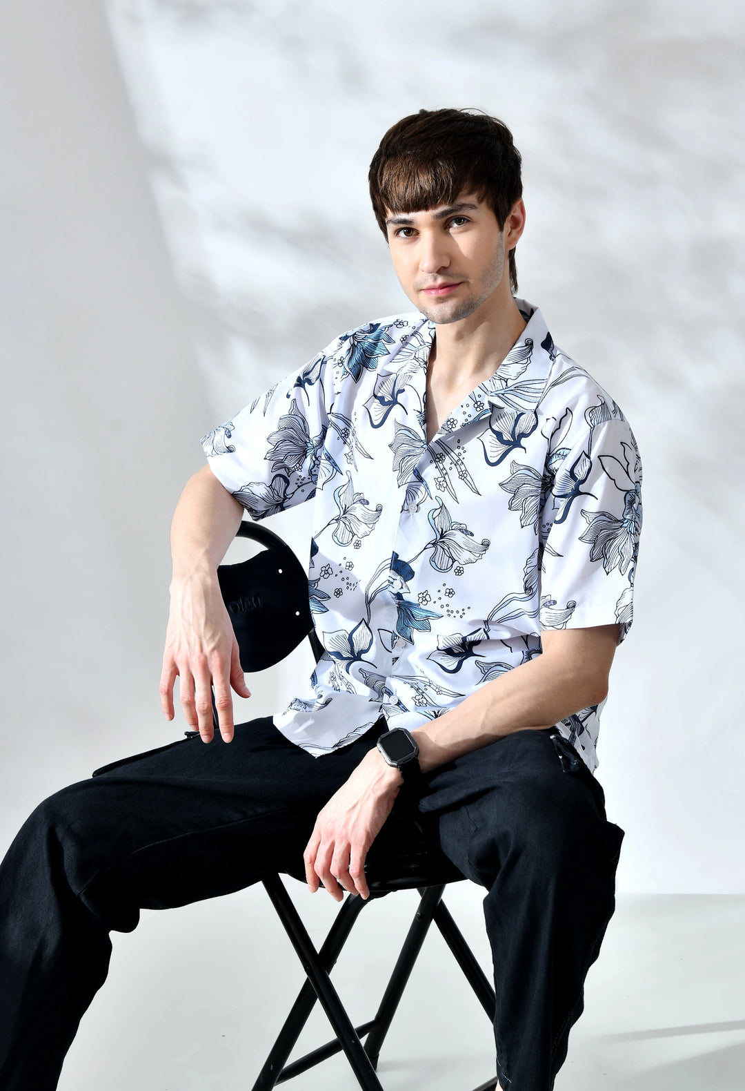 White flower printed half sleeve shirt