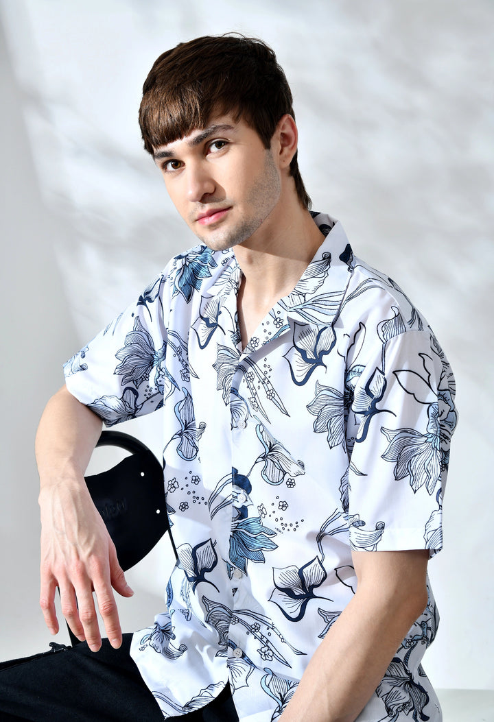 White flower printed half sleeve shirt