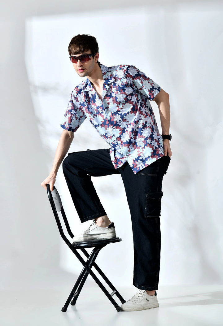 Navy floral printed half sleeve shirt