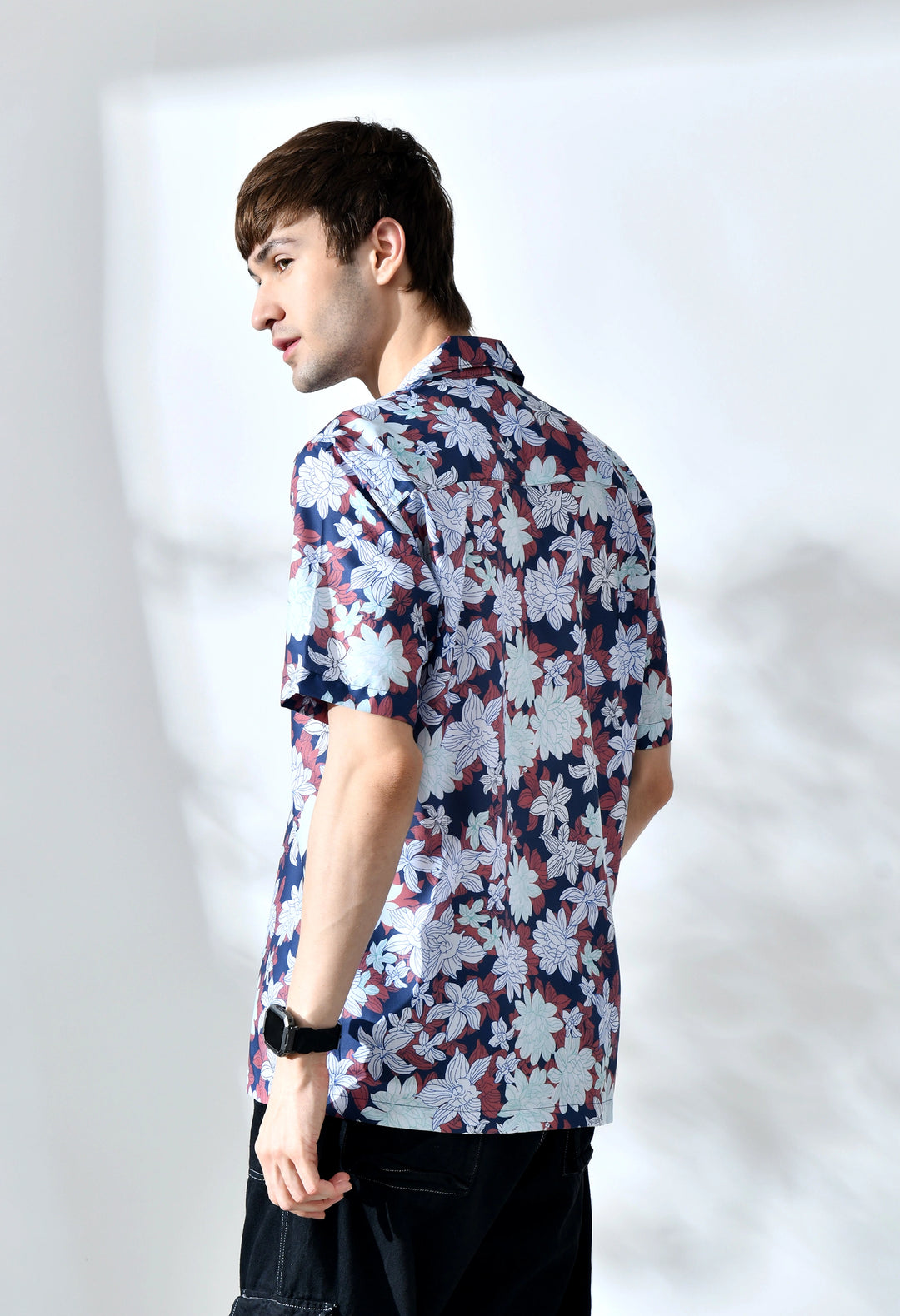 Navy floral printed half sleeve shirt