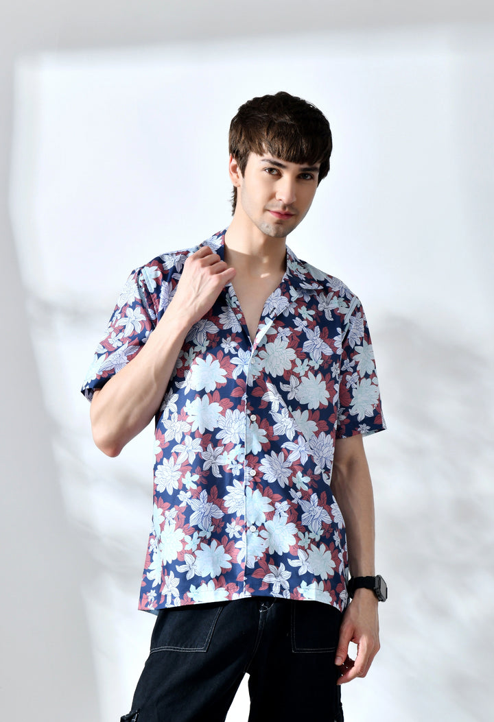 Navy floral printed half sleeve shirt