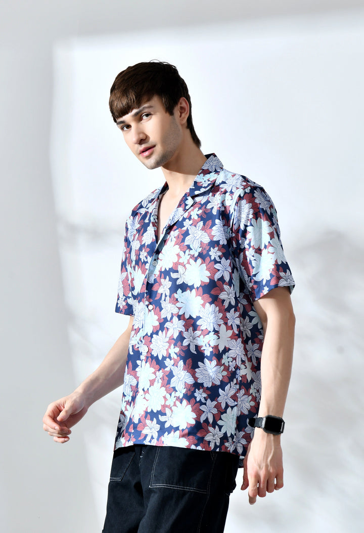 Navy floral printed half sleeve shirt
