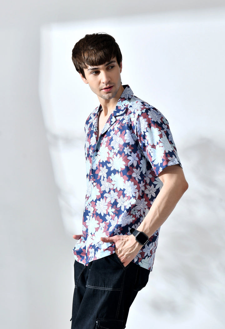 Navy floral printed half sleeve shirt